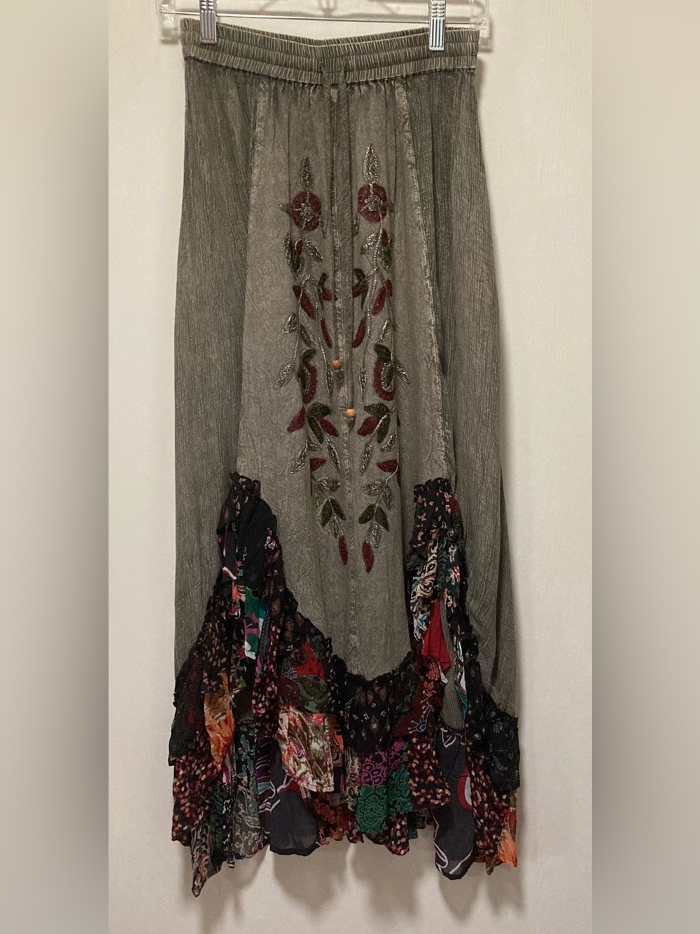 Young Threads Embroidered Maxi Skirt in Olive and Multicolor